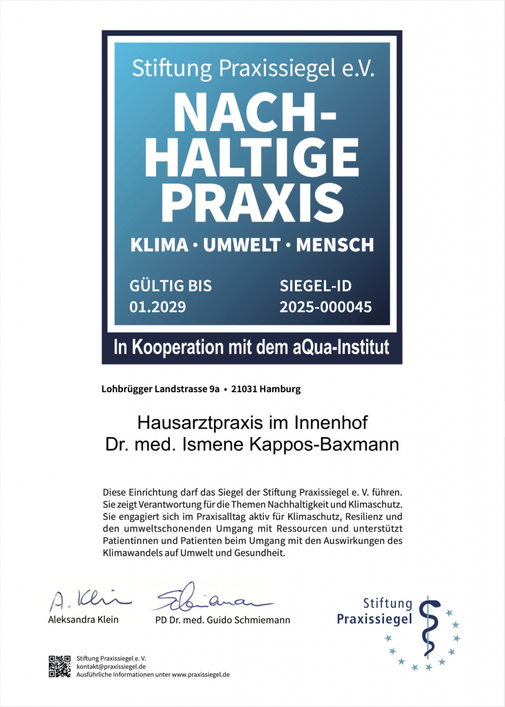 Urkunde Nachhaltige Praxis Dr. Ismene Kappos-Baxmann